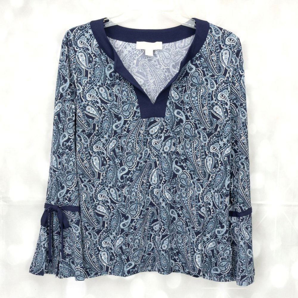 Michael Kors Paisley V-Neck Pull Over Long Sleeve Blouse Top W/Sleeve Ties - Picture 2 of 7